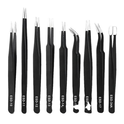 9PCS Black ESD Stainless Steel Tweezers Kit Precision Anti-static Maintenance Tools for Electronics Jewelry Phone Repairing