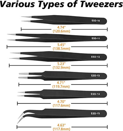 9PCS Black ESD Stainless Steel Tweezers Kit Precision Anti-static Maintenance Tools for Electronics Jewelry Phone Repairing