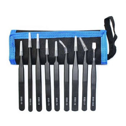 9pcs/lot Custom Black Antistatic Stainless Steel Precision ESD Tweezers Kit for Electronic Watch Mobile Phone Repair BGA Work