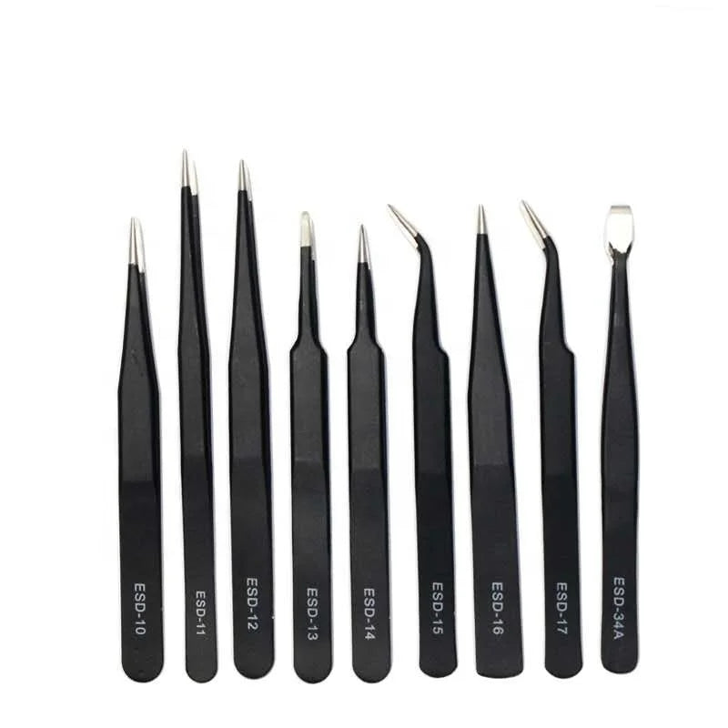 9pcs/lot Custom Black Antistatic Stainless Steel Precision ESD Tweezers Kit for Electronic Watch Mobile Phone Repair BGA Work