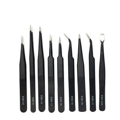 9pcs/lot Custom Black Antistatic Stainless Steel Precision ESD Tweezers Kit for Electronic Watch Mobile Phone Repair BGA Work