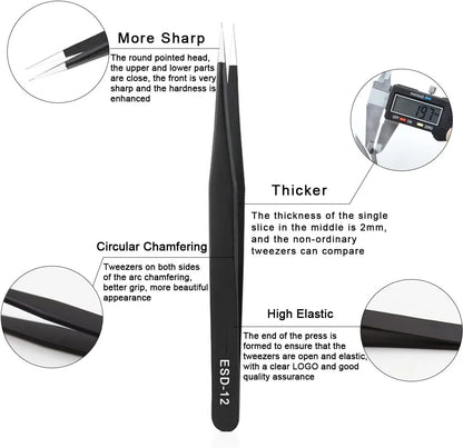 9PCS Black ESD Stainless Steel Tweezers Kit Precision Anti-static Maintenance Tools for Electronics Jewelry Phone Repairing