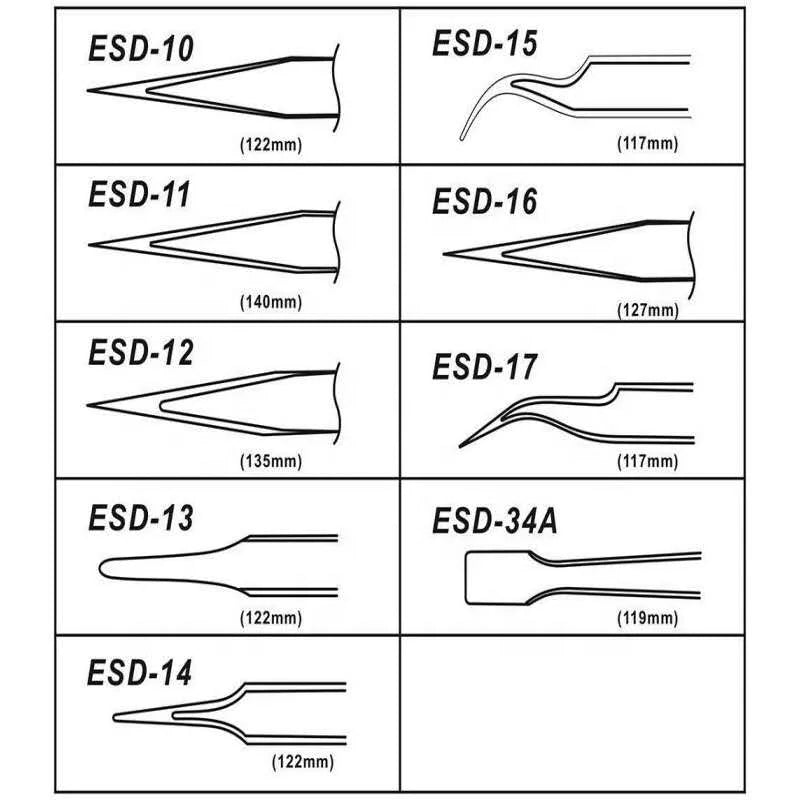 9pcs/lot Custom Black Antistatic Stainless Steel Precision ESD Tweezers Kit for Electronic Watch Mobile Phone Repair BGA Work